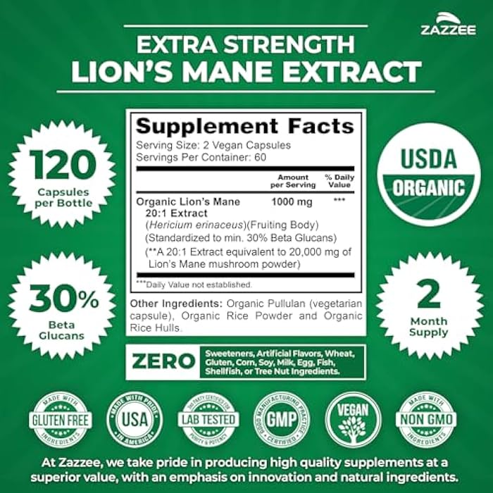 Zazzee USDA Organic Lion's Mane 20:1 Extract, 1000 mg Per Serving, 30% Beta Glucans, 120 Vegan Capsules, Nootropic for Brain Health, Focus, Memory & Immune Support, All-Natural, Non-GMO, Made in USA - Image 3