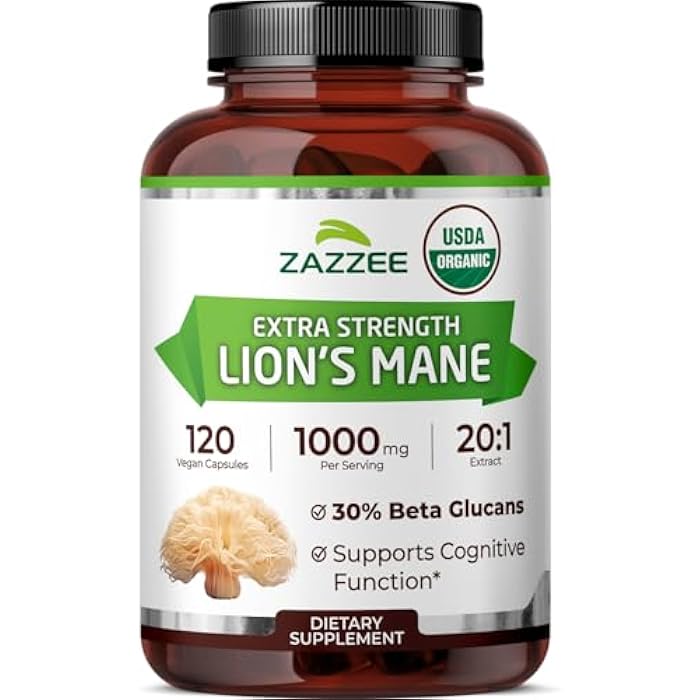 Zazzee USDA Organic Lion's Mane 20:1 Extract, 1000 mg Per Serving, 30% Beta Glucans, 120 Vegan Capsules, Nootropic for Brain Health, Focus, Memory & Immune Support, All-Natural, Non-GMO, Made in USA - Image 1