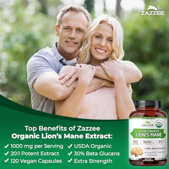 Zazzee USDA Organic Lion's Mane 20:1 Extract, 1000 mg Per Serving, 30% Beta Glucans, 120 Vegan Capsules, Nootropic for Brain Health, Focus, Memory & Immune Support, All-Natural, Non-GMO, Made in USA - Image 4