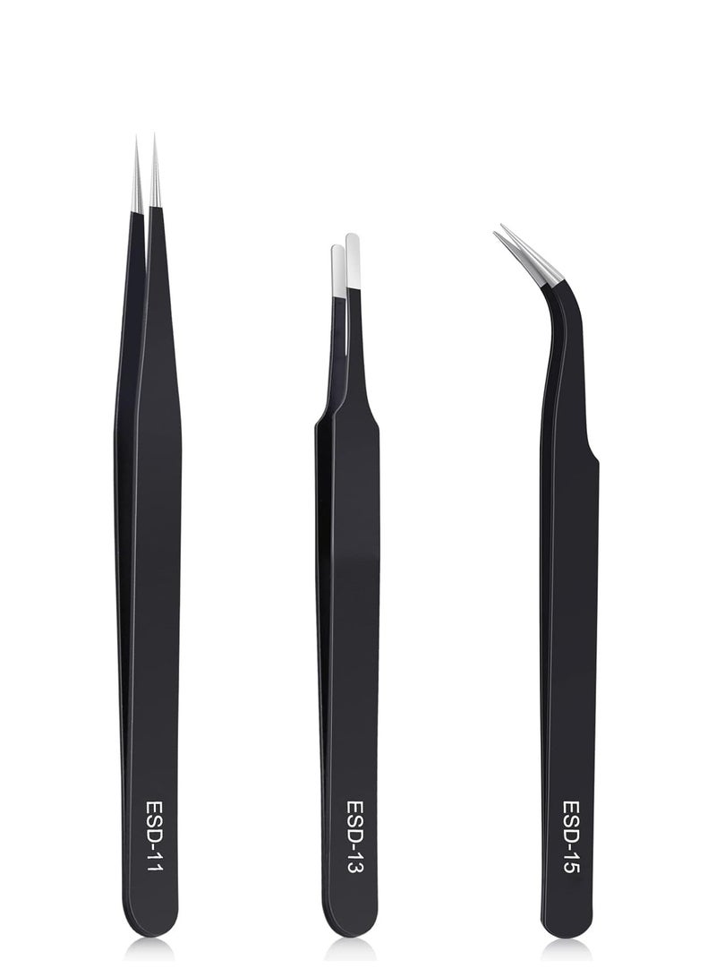 kaverme 3 pcs precision tweezers set upgraded anti-static stainless steel of tweezers for electronics soldering laboratory work jewelry making model craft  - Image 1