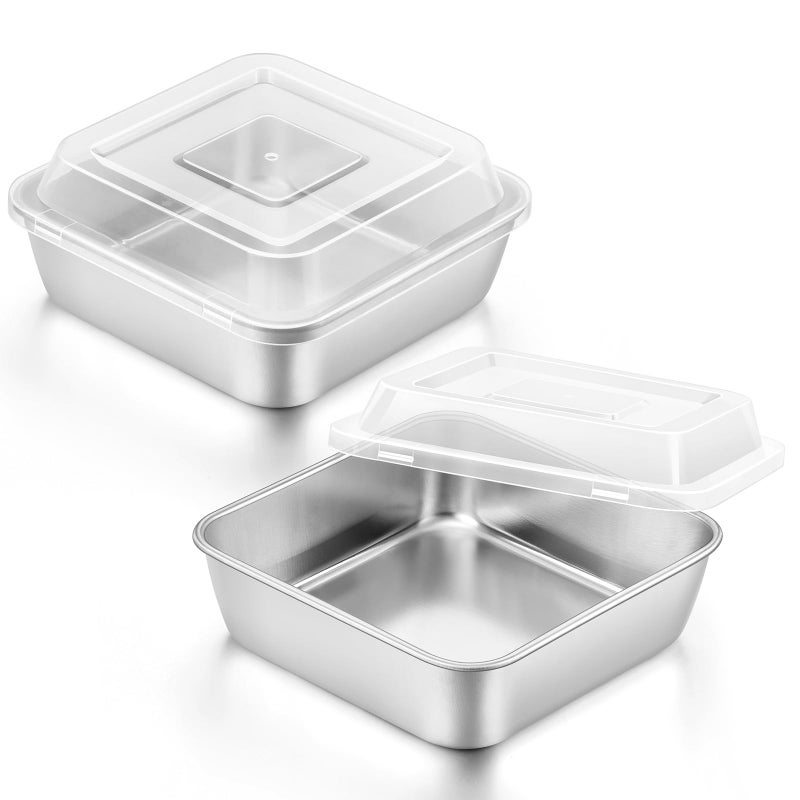 E-far Efar 6 x 6Inch Square Baking Pan with Lid Small Stainless Steel Cake Brownie Pans Trays Dishes for Toaster Oven Air Fryer Healthy Dishwasher Safe Set of 22 Pans 2 Lids - Image 2