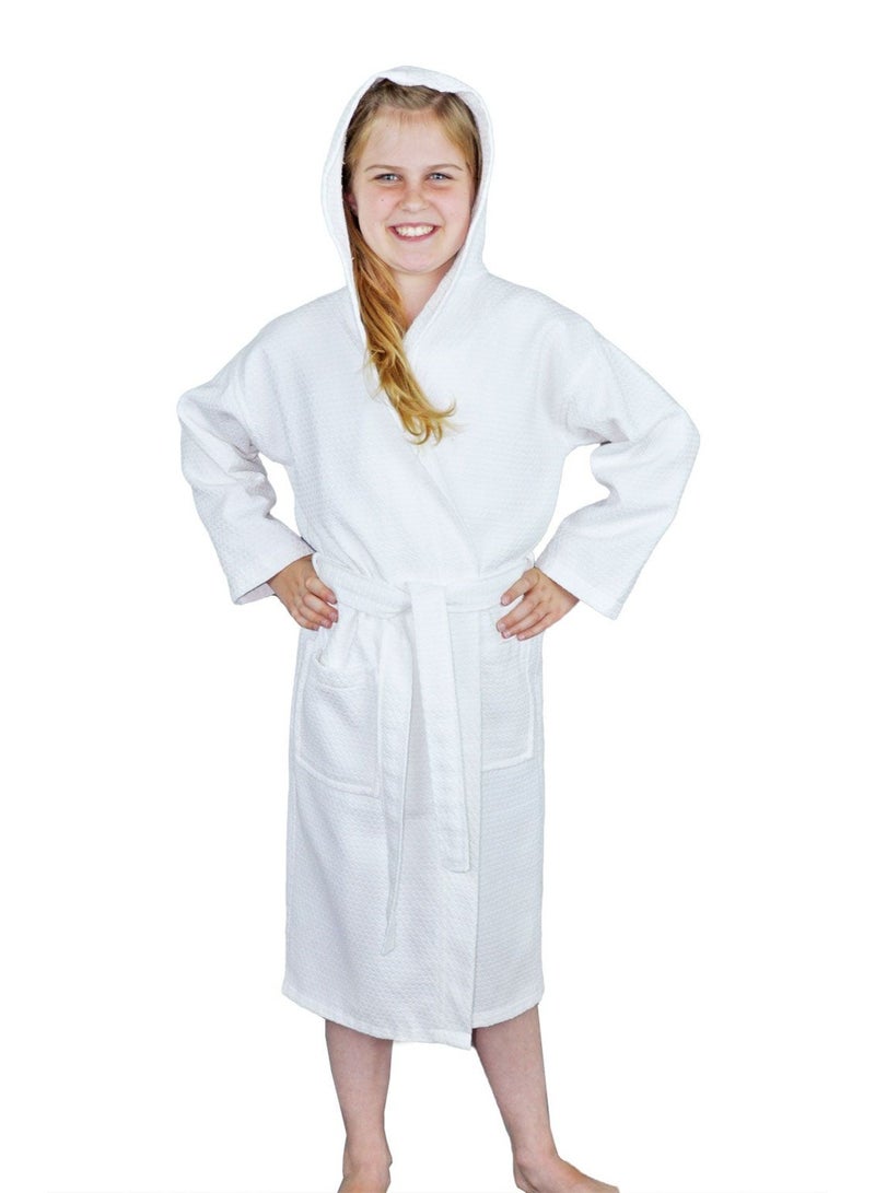 Hooded Terry Cotton Bathrobe for Kids, White, Long Sleeves with Belt - Image 2