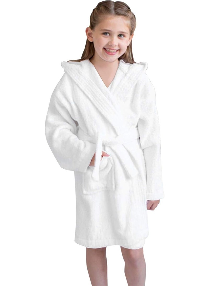 Hooded Terry Cotton Bathrobe for Kids, White, Long Sleeves with Belt - Image 4