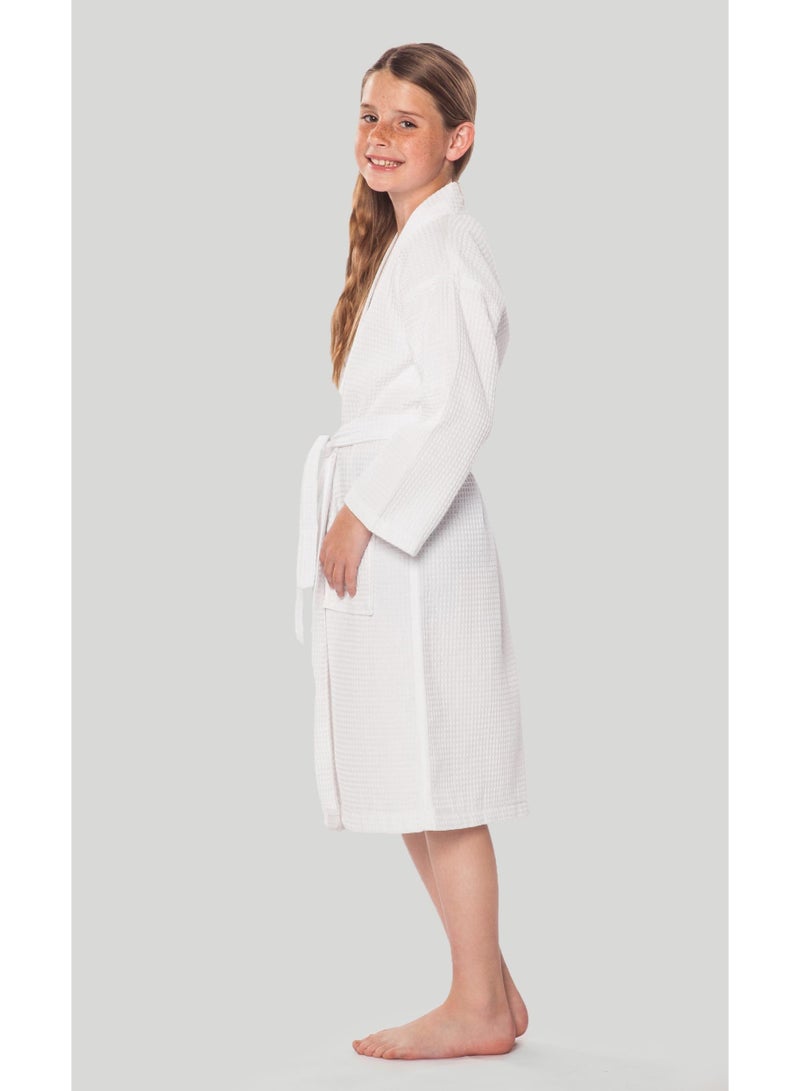 Hooded Terry Cotton Bathrobe for Kids, White, Long Sleeves with Belt - Image 5