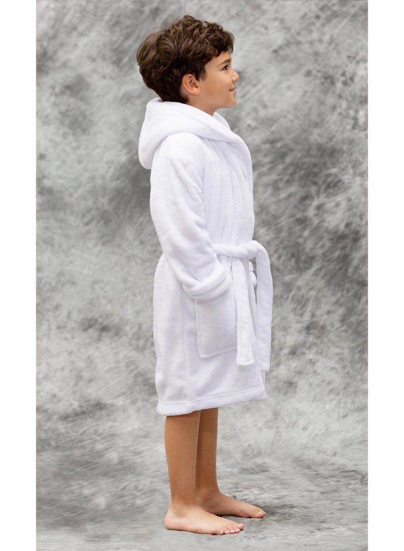 Hooded Terry Cotton Bathrobe for Kids, White, Long Sleeves with Belt - Image 3