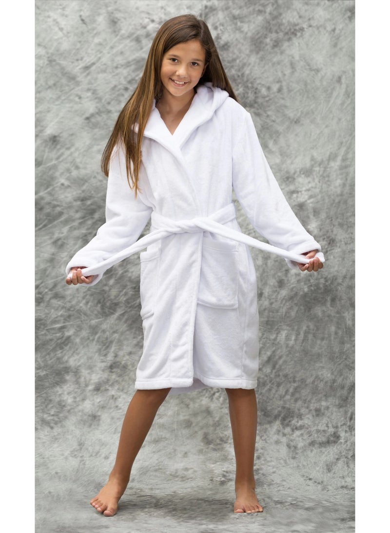 Hooded Terry Cotton Bathrobe for Kids, White, Long Sleeves with Belt - Image 1