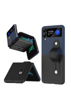 KASTWAVE Mobile Phone Protective Case, for Z Flip 3 5G 2021 with Hand Strap Cover PU Leather Compatible with Fit for Samsung Galaxy Z Flip 3 5G Case Wristband Plastic PC (Black+Deep Blue)  - Image 1