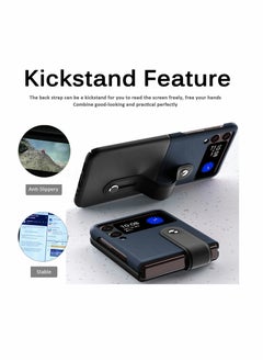 KASTWAVE Mobile Phone Protective Case, for Z Flip 3 5G 2021 with Hand Strap Cover PU Leather Compatible with Fit for Samsung Galaxy Z Flip 3 5G Case Wristband Plastic PC (Black+Deep Blue)  - Image 3