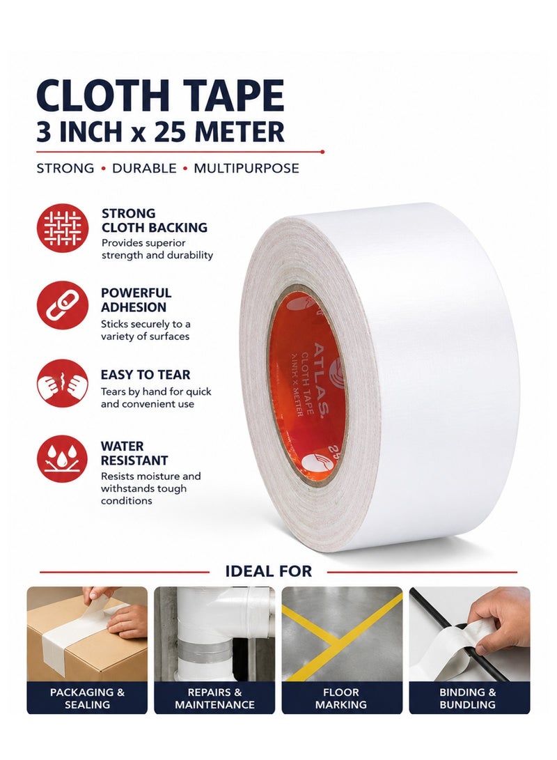 ATLAS 25-Meter Length Cloth Tape 3 Inch Wide White Colour - Image 2