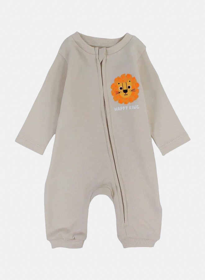 Pompelo Baby Boys Cotton Footless Onesie – Beige with a Lion Head Design - Image 1