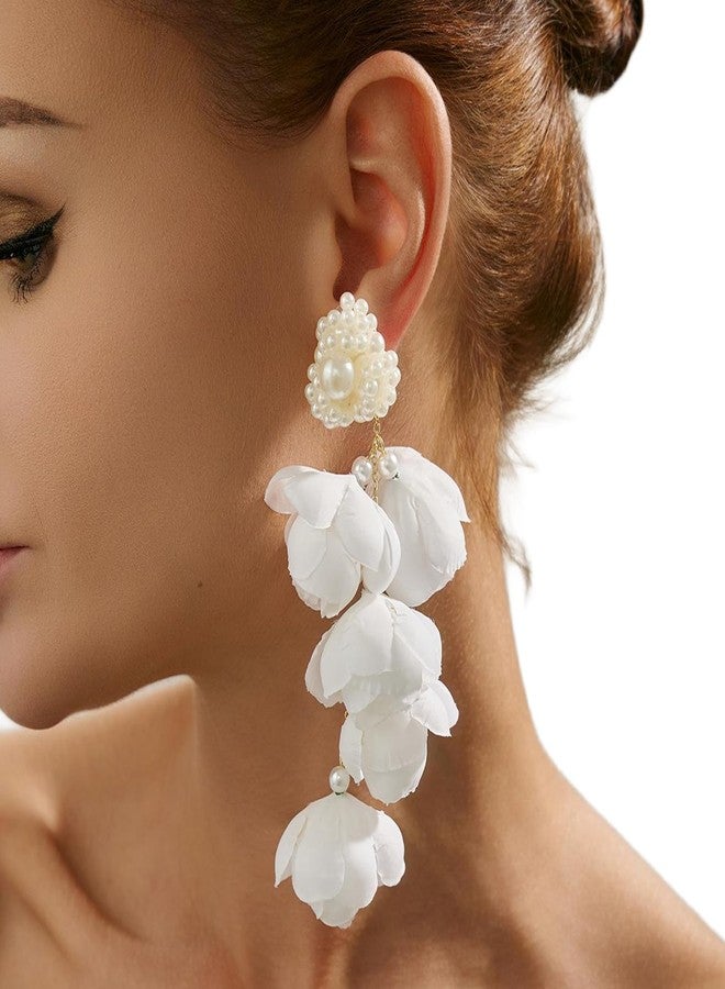 WFik 1Pair Gold Long Tassel White Flower Drop Earrings Summer Beach Floral Piercing Stud Earrings Bridal Wedding Vintage Pearl Drop Earrings Jewelry for Women - Image 3