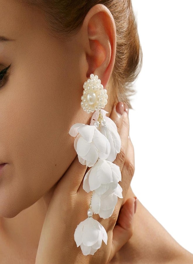 WFik 1Pair Gold Long Tassel White Flower Drop Earrings Summer Beach Floral Piercing Stud Earrings Bridal Wedding Vintage Pearl Drop Earrings Jewelry for Women - Image 2