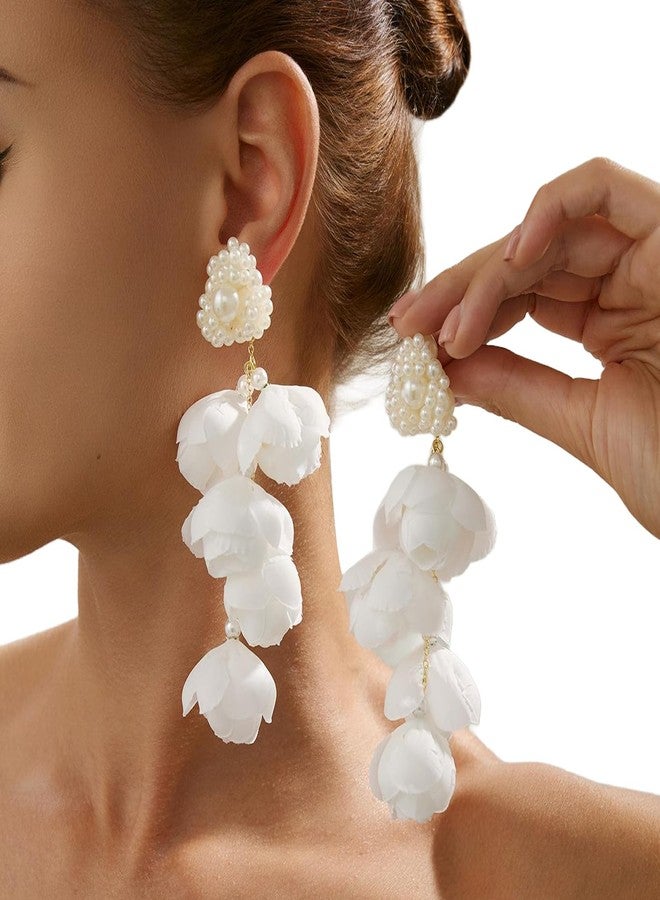 WFik 1Pair Gold Long Tassel White Flower Drop Earrings Summer Beach Floral Piercing Stud Earrings Bridal Wedding Vintage Pearl Drop Earrings Jewelry for Women - Image 4