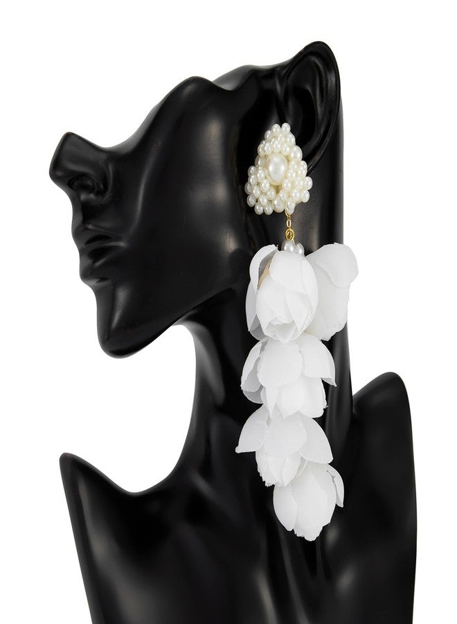 WFik 1Pair Gold Long Tassel White Flower Drop Earrings Summer Beach Floral Piercing Stud Earrings Bridal Wedding Vintage Pearl Drop Earrings Jewelry for Women - Image 5