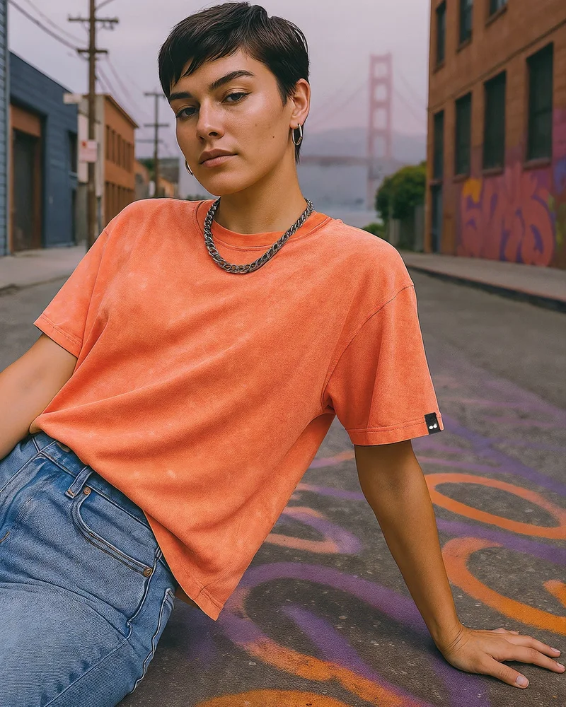 بيواكوف تيشيرت نسائي فضفاض بغسيل حمضي برتقالي