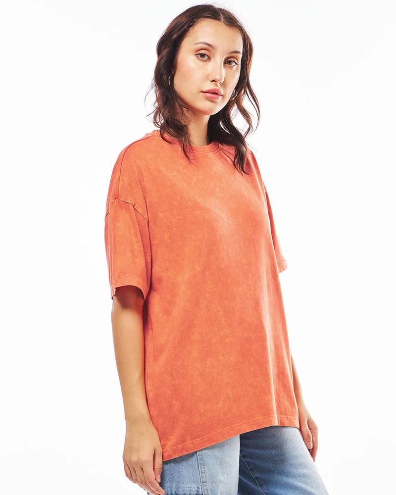 بيواكوف تيشيرت نسائي فضفاض بغسيل حمضي برتقالي