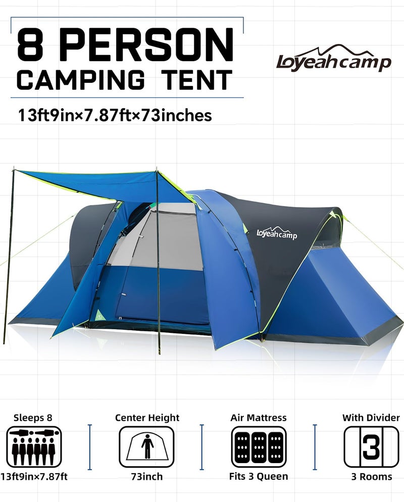LOYEAHCAMP 8 Person Larger Extended Dome Camping Tent with 3 Rooms, Waterproof Semi-Freestanding Family Outdoor Tent with Porch and Spacious Interior - Image 2