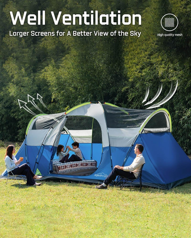 LOYEAHCAMP 8 Person Larger Extended Dome Camping Tent with 3 Rooms, Waterproof Semi-Freestanding Family Outdoor Tent with Porch and Spacious Interior - Image 4