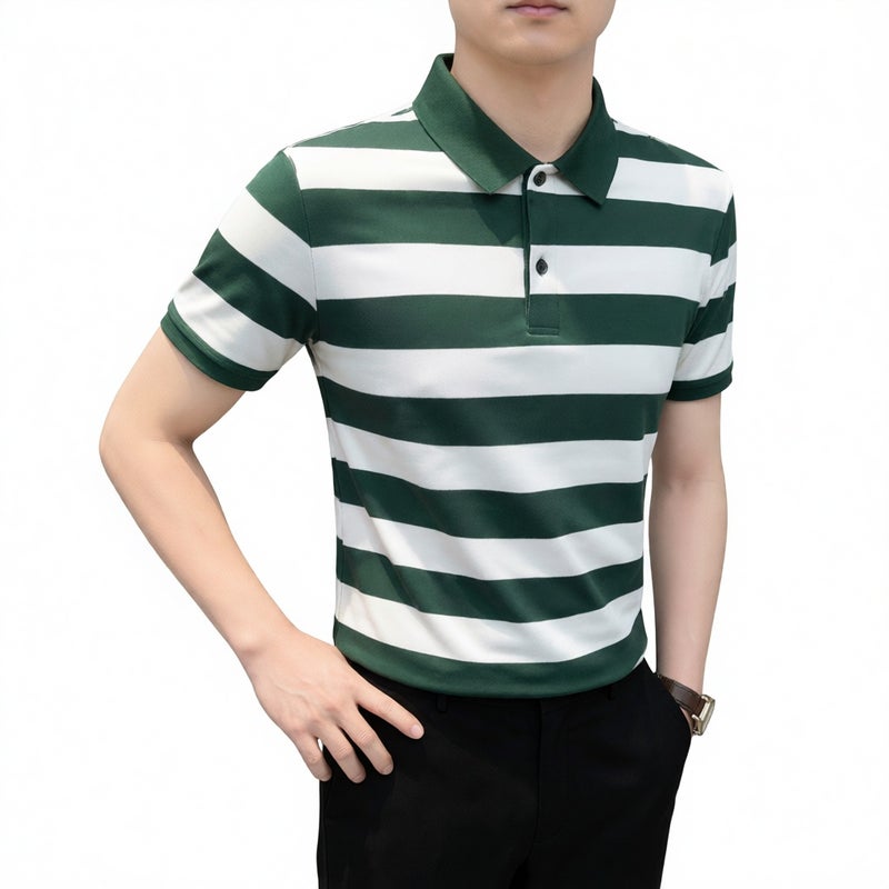 Men's Short Sleeve Striped Business Polo Shirt Summer Casual Lapel Fashion Embroidered Top