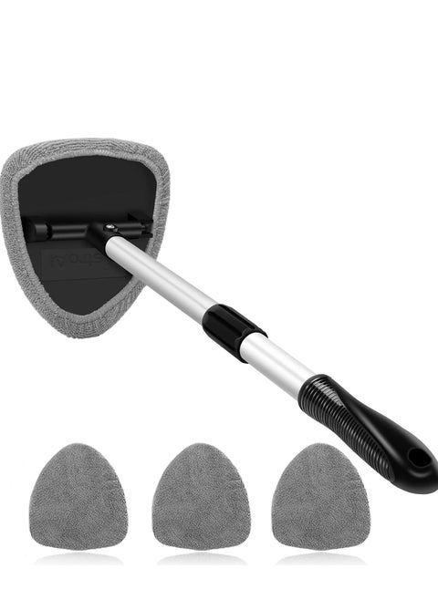 Car Windshield Cleaning Brush, Microfiber Window Cleaner with 4 Reusable and Washable Pads Extendable Handle Auto Inside Glass Wiper Kit, Gray