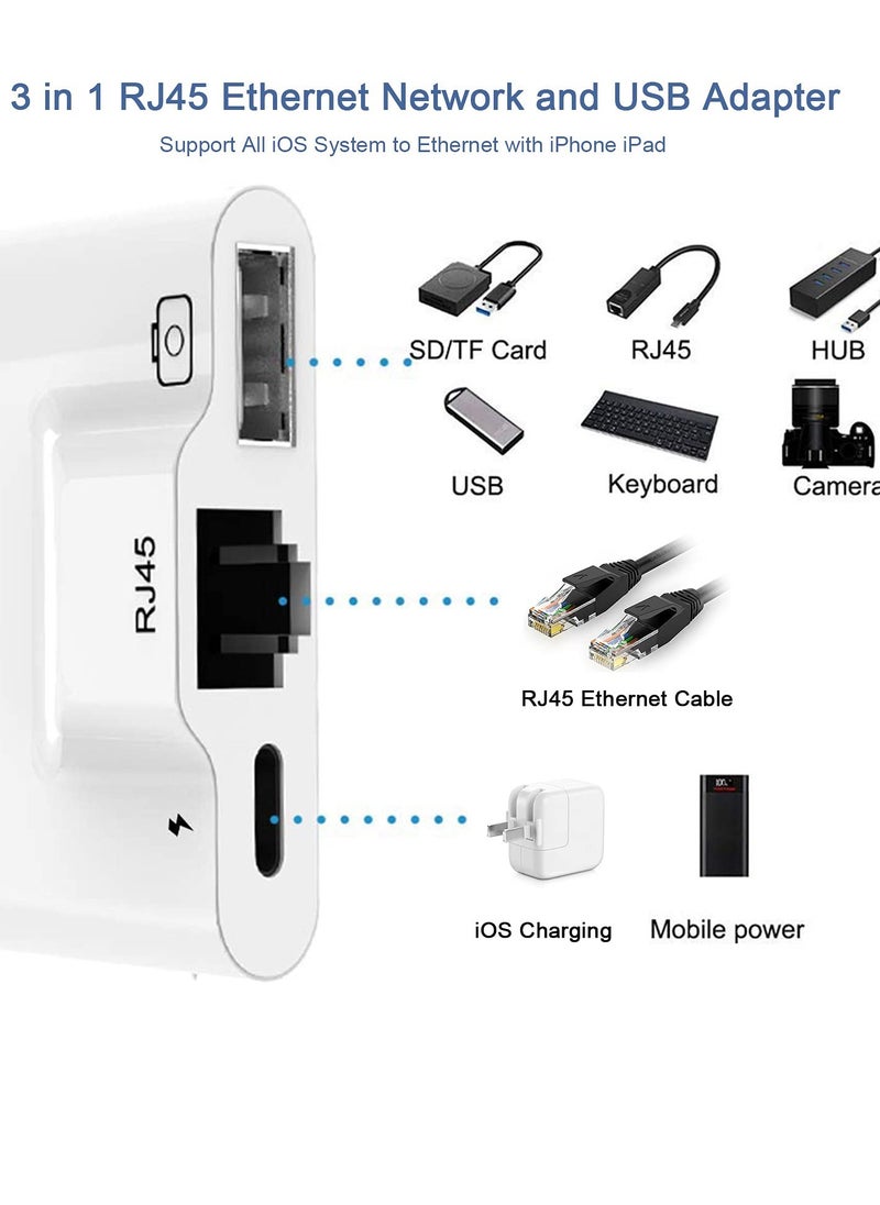 Generic محول إيثرنت RJ45 3 في 1 مع منفذ شحن OTG لأجهزة iPhone وiPad - قارئ كاميرا USB سلكي عالي السرعة ومركز تحويل  - Image 3
