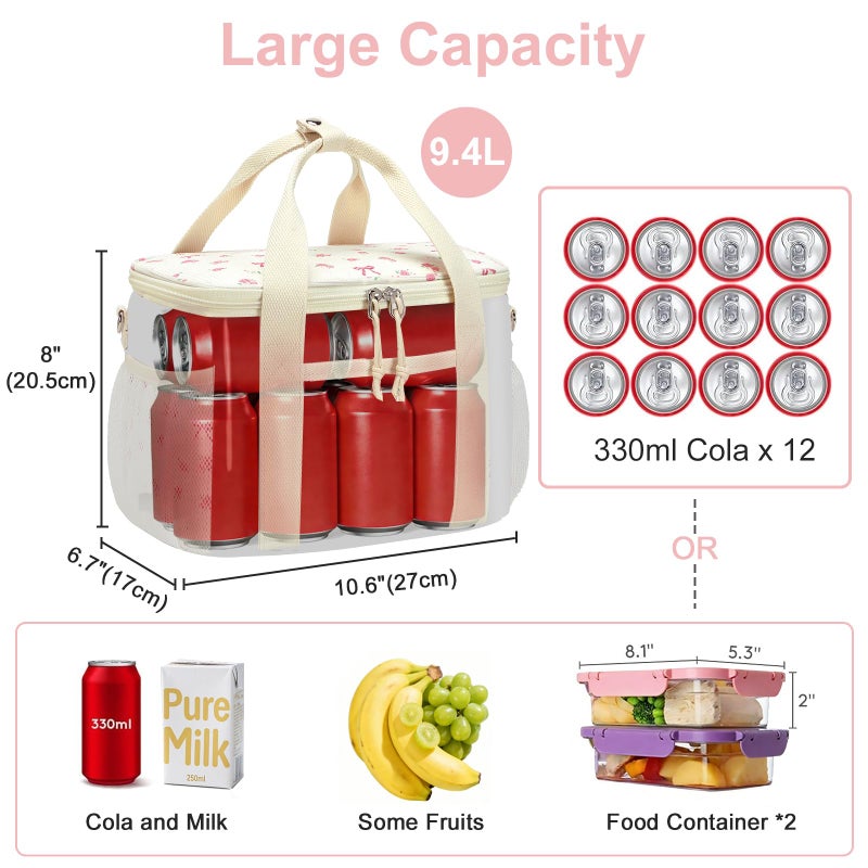BTOOP Insulated Lunch Bag for Women, Cute Leakproof Lunch Tote, Large Capacity Aesthetic Lunch Box Bag with Shoulder Strap for Work, School, Picnic Pink Bow Floral - Image 3