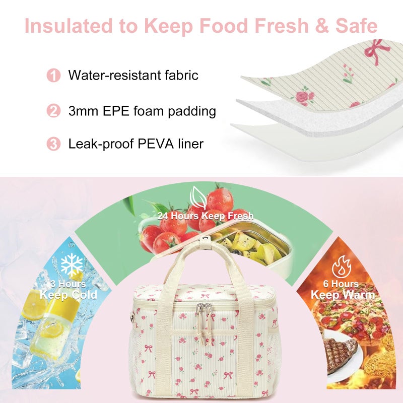 BTOOP Insulated Lunch Bag for Women, Cute Leakproof Lunch Tote, Large Capacity Aesthetic Lunch Box Bag with Shoulder Strap for Work, School, Picnic Pink Bow Floral - Image 5