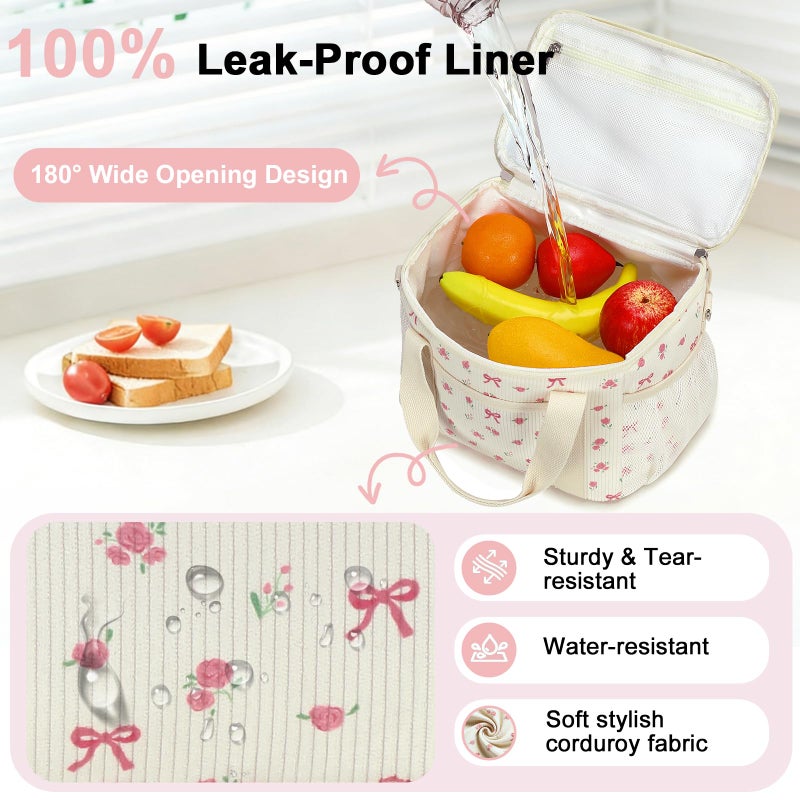 BTOOP Insulated Lunch Bag for Women, Cute Leakproof Lunch Tote, Large Capacity Aesthetic Lunch Box Bag with Shoulder Strap for Work, School, Picnic Pink Bow Floral - Image 4