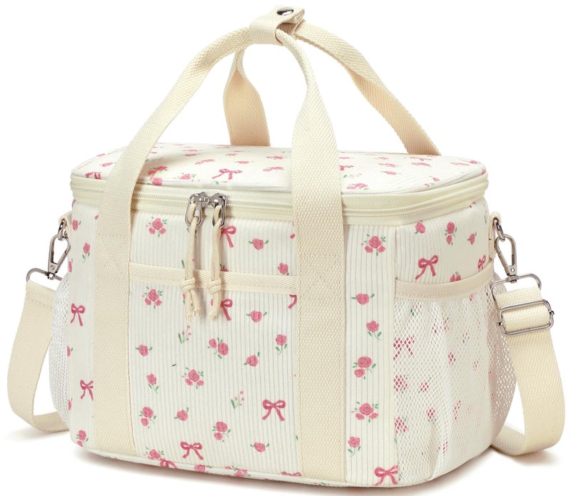 BTOOP Insulated Lunch Bag for Women, Cute Leakproof Lunch Tote, Large Capacity Aesthetic Lunch Box Bag with Shoulder Strap for Work, School, Picnic Pink Bow Floral - Image 1