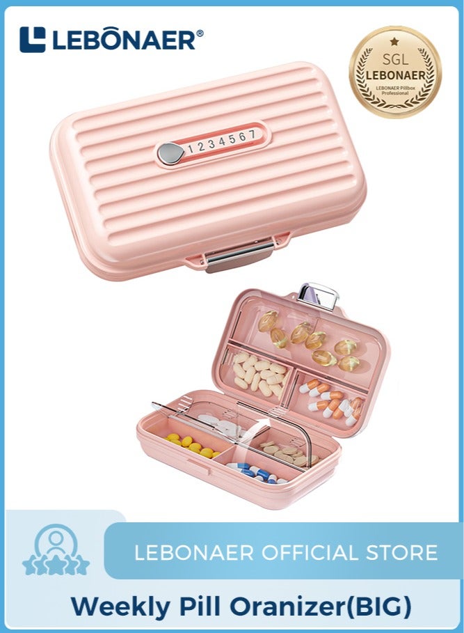 لبونير منظم أقراص للسفر، علبة أقراص محمولة لحبوب منع الحمل، علبة أقراص محمولة لحفظ الأدوية اليومية المقاومة للرطوبة لمدة 7 أيام لحفظ الفيتامينات والمكملات الغذائية وأدوية تتبع الأدوية (وردي كبير) - Image 1