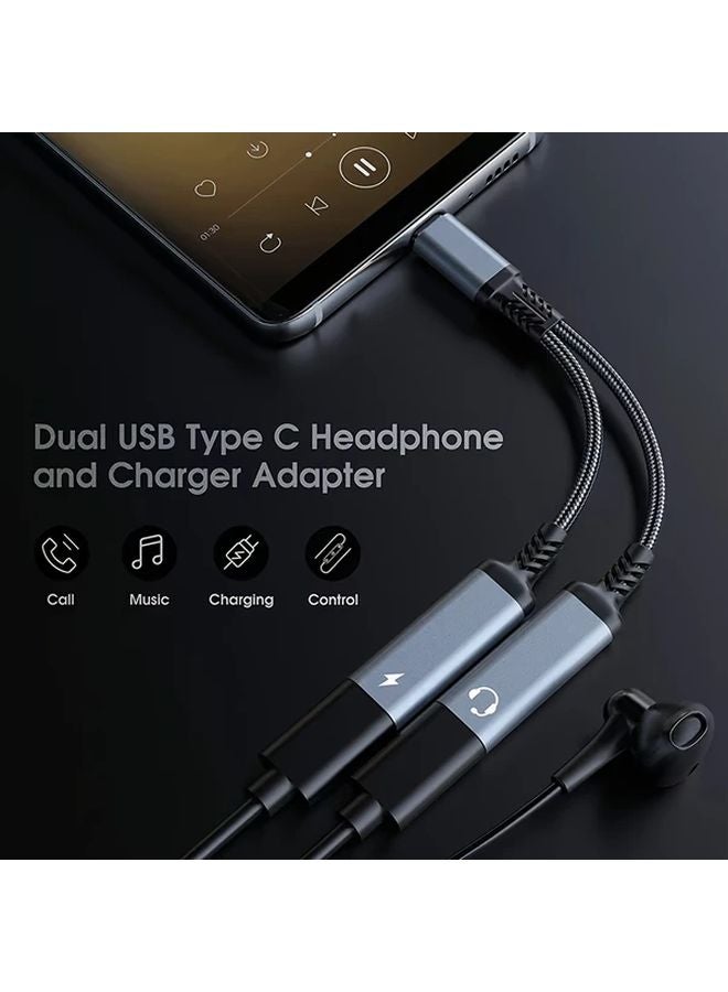 Silvery USB C to Dual Type C and Audio Jack Adapter 2 in 1 Charging Splitter for iPhone Samsung - Image 5