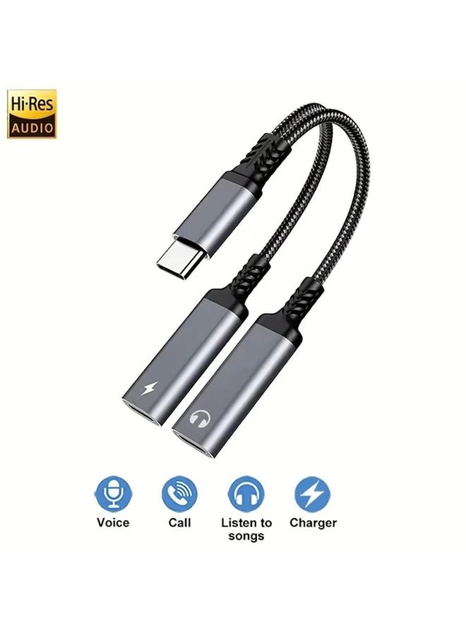 Silvery USB C to Dual Type C and Audio Jack Adapter 2 in 1 Charging Splitter for iPhone Samsung - Image 1