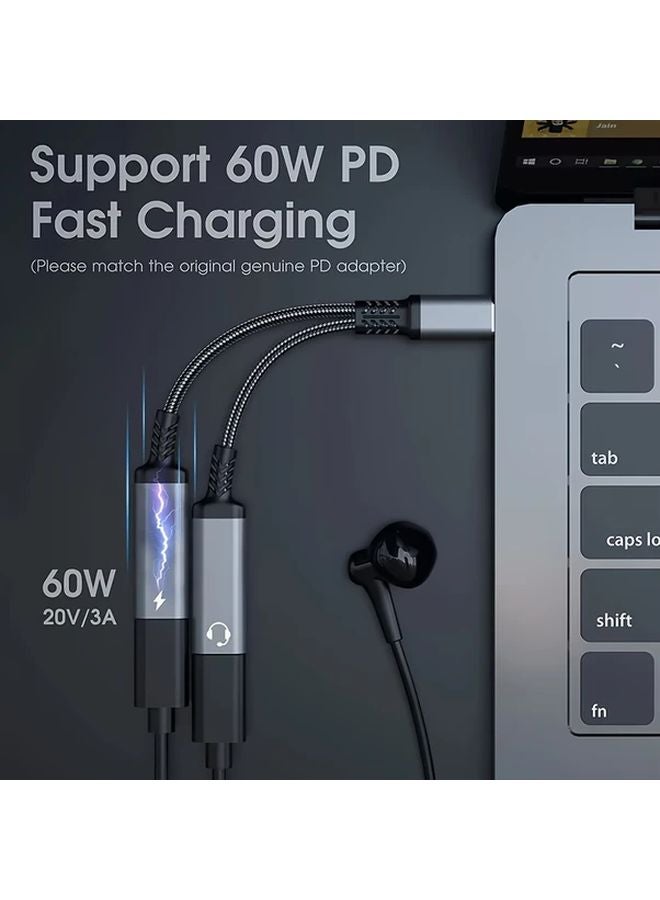 Silvery USB C to Dual Type C and Audio Jack Adapter 2 in 1 Charging Splitter for iPhone Samsung - Image 4