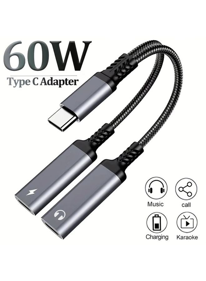 Silvery USB C to Dual Type C and Audio Jack Adapter 2 in 1 Charging Splitter for iPhone Samsung - Image 2