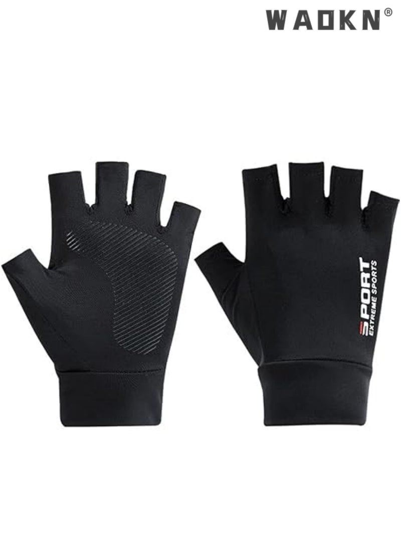WAOKN Sunscreen Gloves Men's Summer Fingerless Thin ice Silk Driving Leaking Two-Point Lure Fishing Gloves Half-Finger Riding Takeaway Rider Gloves (Black) - Image 1