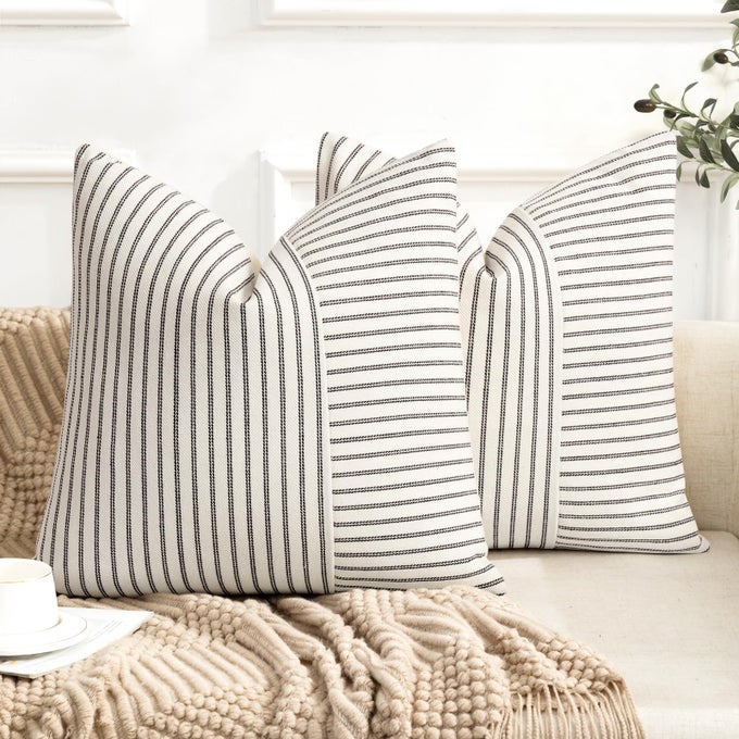 Farmhouse Pillow Covers 24x24 Modern Accent Square Throw Pillow Covers Set of 2 Black and Beige Striped Patchwork Linen Decorative Pillows Cushion Covers for Couch Chair Bedroom Fall Decorations