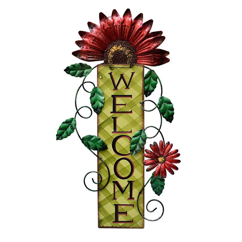 Eview Metal Welcome Sign Rustic Wall Hanging Plaque Decorative Welcome Flower Signs for Porch Front Door Farmhouse Home Decoration Garden Themed Wreath Ornament Red