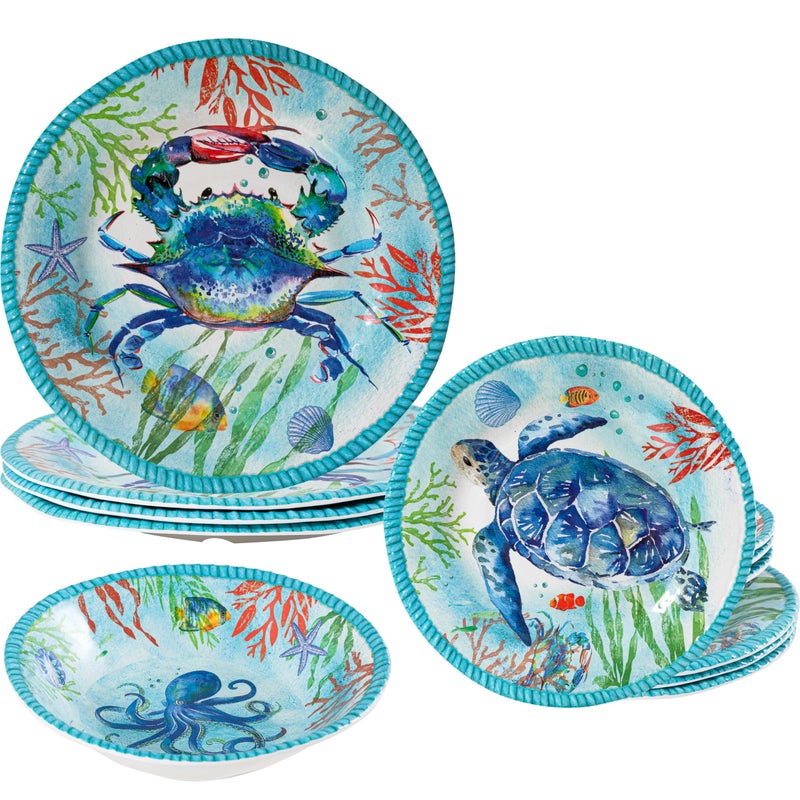 ZAROCRUS Coastal Dinnerware Sets, Ocean Theme Unbreakable Kitchen Plates and Bowls Set, Coastal Dishes Lightweight Dinnerware Set, RV and Camping dishes set for 4, Dishwasher Safe - Image 1