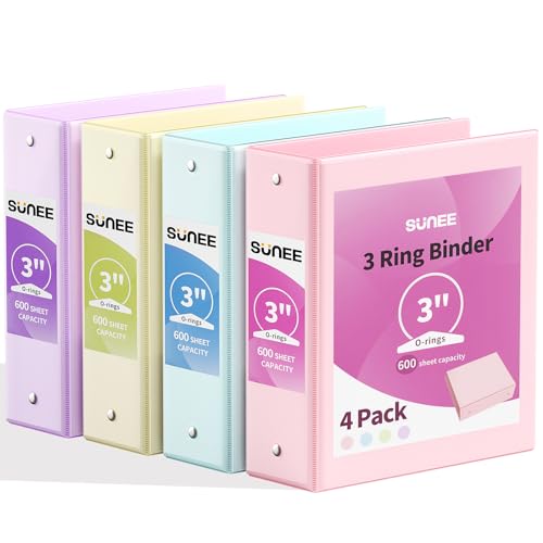 SUNEE 3 Ring Binder 3 Inch 4 Pack, 3" Clear View Binder Three Ring PVC-Free (Fit 8.5x11 Inches) for School or Office Supplies, Assorted Pastel - Image 1