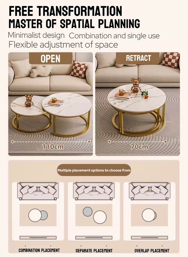 توشونكس طقم طاولات قهوة دائرية بتصميم حديث مع سطح مزخرف بمحاكاة الرخام الأسود - طاولة قهوة جانبية صغيرة وكبيرة مع قاعدة فولاذية ذهبية، تصميم موفر للمساحة، سطح MDF متين مقاوم للماء والخدوش، مثالي للمنزل، غرفة المعيشة، غرفة النوم، الحديقة الخارجية، الفناء أو المساحات الصغيرة. طاولة جانبية متعددة الاستخدامات، طاولة نهاية أريكة، طاولة مركزية، طاولات جانبية للسرير، طاولة زخرفية قابلة للتكديس - Image 5