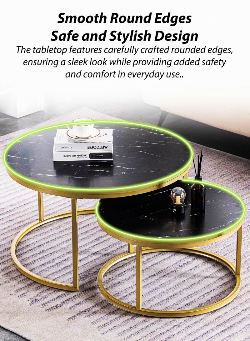 توشونكس طقم طاولات قهوة دائرية بتصميم حديث مع سطح مزخرف بمحاكاة الرخام الأسود - طاولة قهوة جانبية صغيرة وكبيرة مع قاعدة فولاذية ذهبية، تصميم موفر للمساحة، سطح MDF متين مقاوم للماء والخدوش، مثالي للمنزل، غرفة المعيشة، غرفة النوم، الحديقة الخارجية، الفناء أو المساحات الصغيرة. طاولة جانبية متعددة الاستخدامات، طاولة نهاية أريكة، طاولة مركزية، طاولات جانبية للسرير، طاولة زخرفية قابلة للتكديس - Image 3