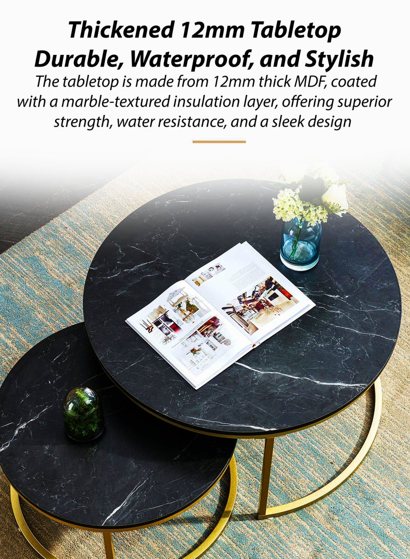 توشونكس طقم طاولات قهوة دائرية بتصميم حديث مع سطح مزخرف بمحاكاة الرخام الأسود - طاولة قهوة جانبية صغيرة وكبيرة مع قاعدة فولاذية ذهبية، تصميم موفر للمساحة، سطح MDF متين مقاوم للماء والخدوش، مثالي للمنزل، غرفة المعيشة، غرفة النوم، الحديقة الخارجية، الفناء أو المساحات الصغيرة. طاولة جانبية متعددة الاستخدامات، طاولة نهاية أريكة، طاولة مركزية، طاولات جانبية للسرير، طاولة زخرفية قابلة للتكديس - Image 2