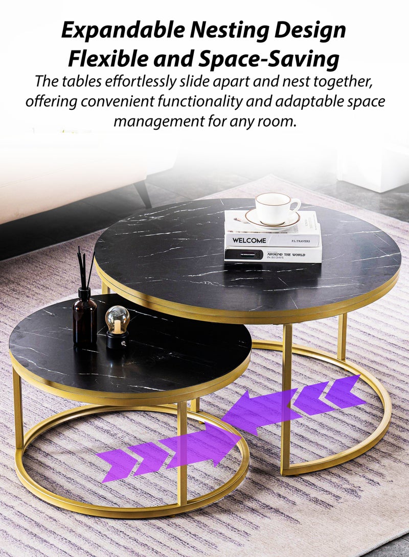 توشونكس طقم طاولات قهوة دائرية بتصميم حديث مع سطح مزخرف بمحاكاة الرخام الأسود - طاولة قهوة جانبية صغيرة وكبيرة مع قاعدة فولاذية ذهبية، تصميم موفر للمساحة، سطح MDF متين مقاوم للماء والخدوش، مثالي للمنزل، غرفة المعيشة، غرفة النوم، الحديقة الخارجية، الفناء أو المساحات الصغيرة. طاولة جانبية متعددة الاستخدامات، طاولة نهاية أريكة، طاولة مركزية، طاولات جانبية للسرير، طاولة زخرفية قابلة للتكديس - Image 4