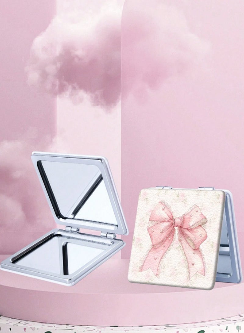 Compact Double-Sided Pink Bow Mirror – Pearl Embellished Folding Travel Mirror - Image 2