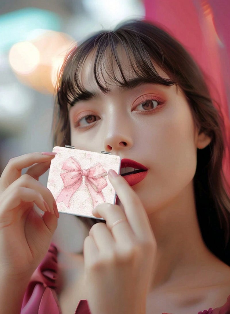 Compact Double-Sided Pink Bow Mirror – Pearl Embellished Folding Travel Mirror - Image 3