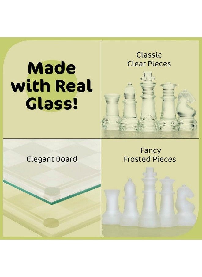 Fine Glass Chess Set Game Modern Clear Chess Set Deluxe Chess Set Glass Chess Board Set With Solid Clear & Frosted Chess Glass Pieces ; 9.7’’ Crystal Chess Boards Sets Felt Padding Included