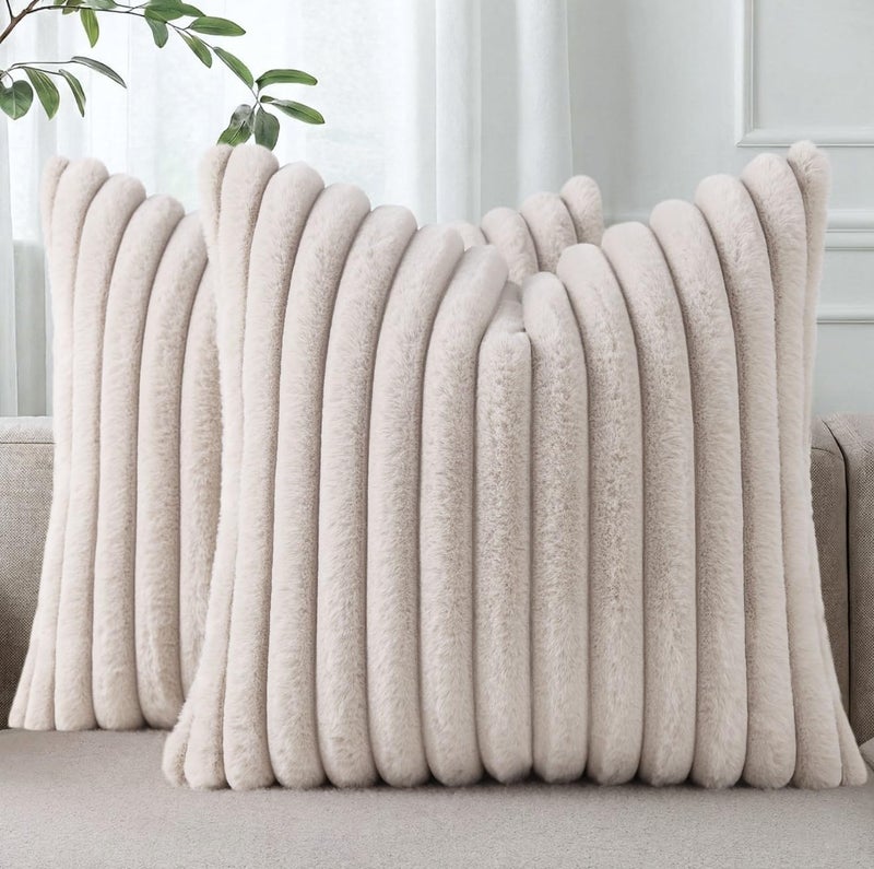 Pallene Faux Fur Plush Throw Pillow Covers 18x18 Set of 2, Luxury Soft Fluffy Striped Decorative Pillow Covers for Sofa, Couch, Living Room, Tan - Image 1