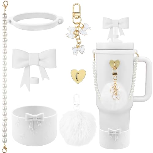 Hpebl 7PCS White of Stanley Cup Accessories Set 30/40 Oz Pearl Bow Charms for Stanley Decorations Water Bottle Tumbler Accessories Including Bow Straw Topper, Pom Pom Keychain, Silicone Tumbler Boot - Image 1