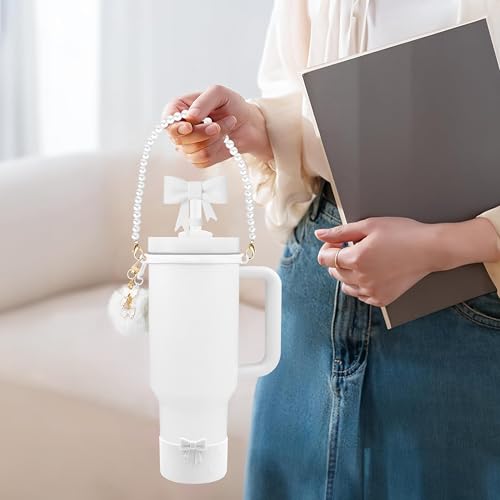 Hpebl 7PCS White of Stanley Cup Accessories Set 30/40 Oz Pearl Bow Charms for Stanley Decorations Water Bottle Tumbler Accessories Including Bow Straw Topper, Pom Pom Keychain, Silicone Tumbler Boot - Image 4
