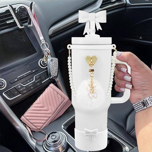 Hpebl 7PCS White of Stanley Cup Accessories Set 30/40 Oz Pearl Bow Charms for Stanley Decorations Water Bottle Tumbler Accessories Including Bow Straw Topper, Pom Pom Keychain, Silicone Tumbler Boot - Image 5